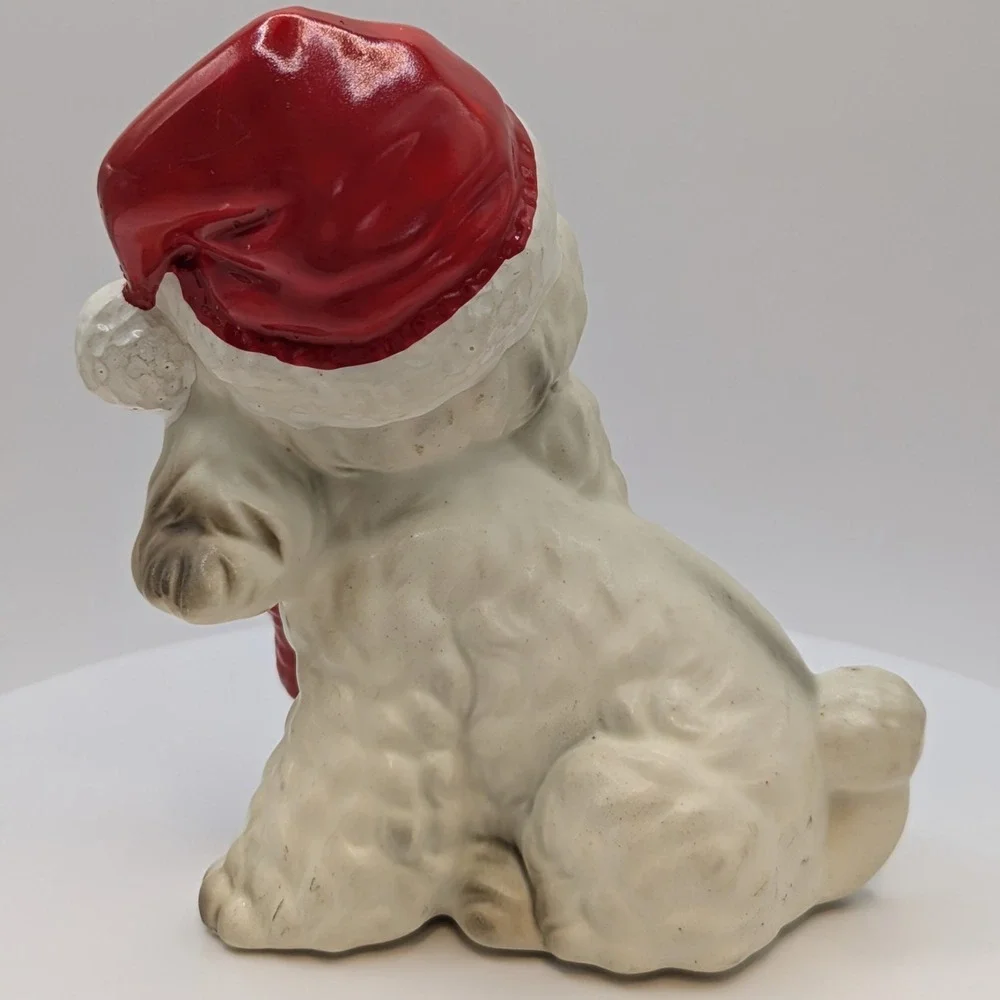 Vintage Josef Original Christmas White Poodle Dog Ceramic Figurine Santa Hat
